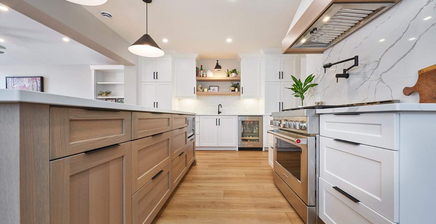 Open Concept Kitchen Renovation With White Oak Island And Shaker Cabinets.